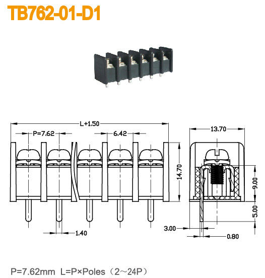 Conector de cobre amarillo del terminal del PWB de la echada 15A 2-24 postes del bloque de terminales 7.62m m de la barrera de PBT