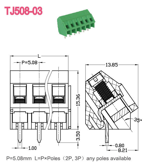 Latón verde niquelado 10A 300V de UL94 V - 0 de los bloques de terminales de tornillo