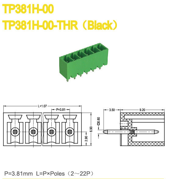 3.81mm Enchufe en el bloque de terminales 2-24 Polos Verde Cabeza de plástico masculino
