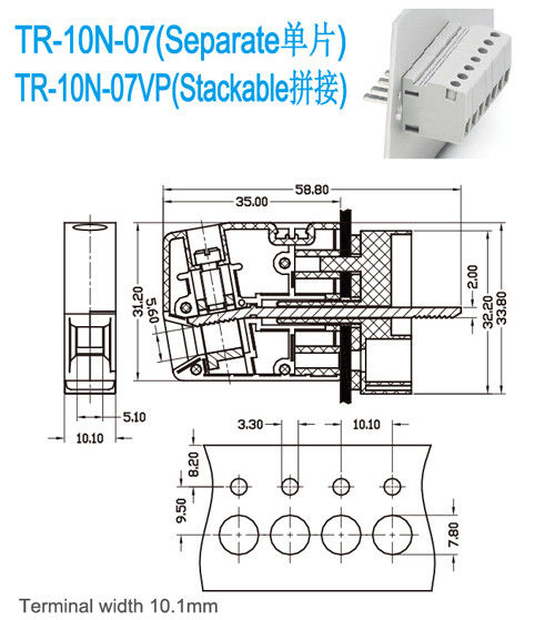 alimentación de 300V 65A con anchura terminal del latón M4 PA66 10.1m m de los bloques de terminales UL94-V0