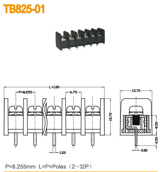 tornillo del bloque de terminales 2-32 postes 300V/20A M3 de la barrera de la echada de 8.255m m