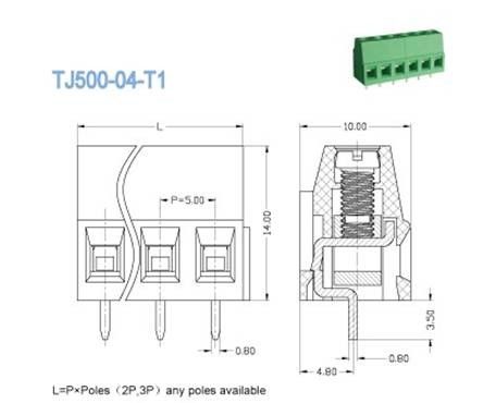 latón 300V 2-28 postes del verde PA66 de los conectores 10A del bloque de terminales del PWB de 5.0m m