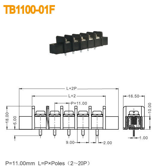 25A bloque de terminales eléctrico de cobre amarillo 300V con negro azabache del reborde PBT 11m m
