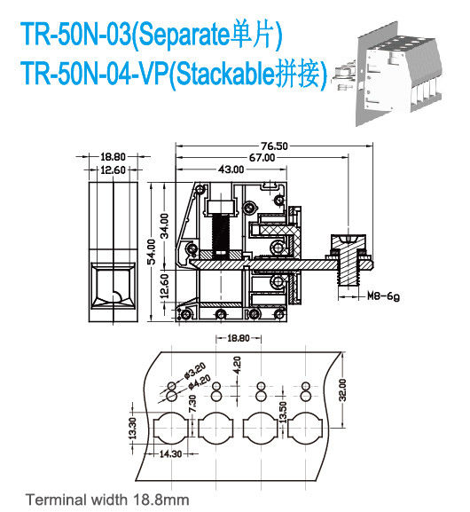 M6 alimentación del tornillo 150A con anchura del AWG 18.8m m de los bloques de terminales 600V 6-1/0
