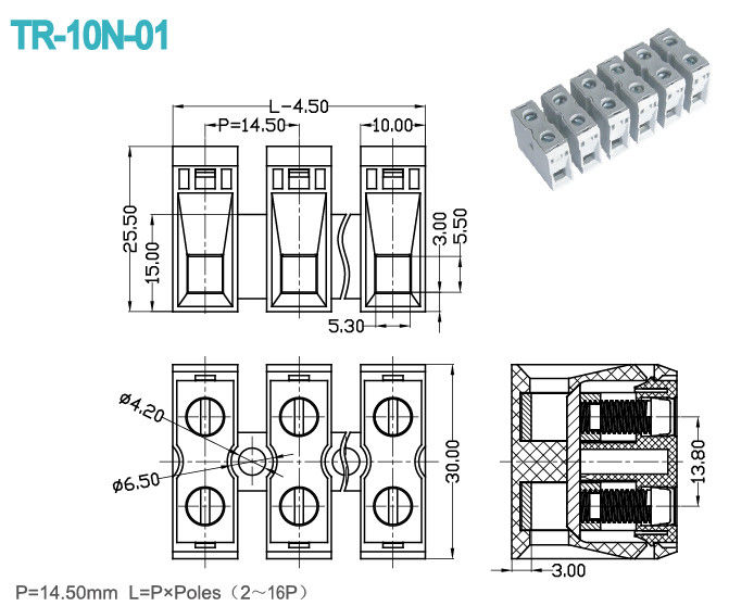 2-16 bloque de conector terminal de la echada de postes 14.5m m 600V 65A PA66
