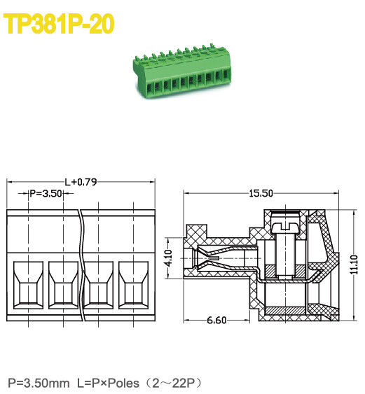 Paso 300V 8A 2-22 postes del conector enchufable hembra del bloque de terminales PA66 3.5m m