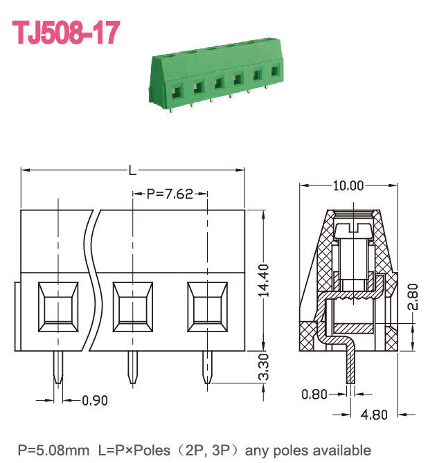tipo euro verde de cobre amarillo del bloque de terminales 300V 10A del PWB del tornillo de 5.08m m que aumenta serie