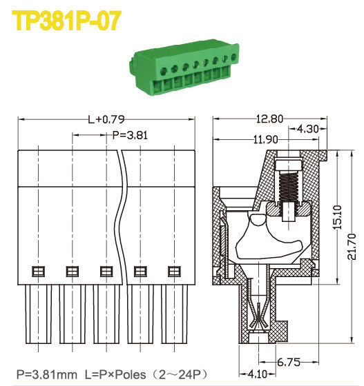 3.81mm Enchufe en el bloque terminal Partes femeninas 300V 10A Color verde
