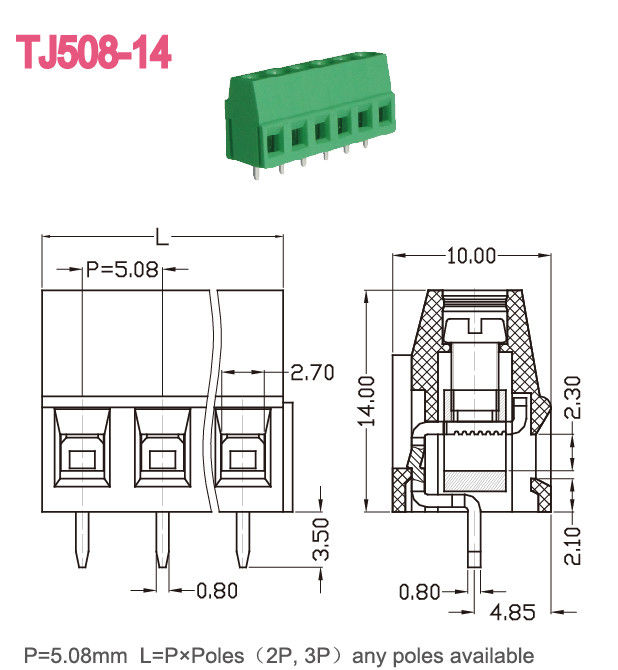 Bloque de terminales de tornillo del PWB de la echada del color verde 5.08m m 300V 10A M3 2-24 postes