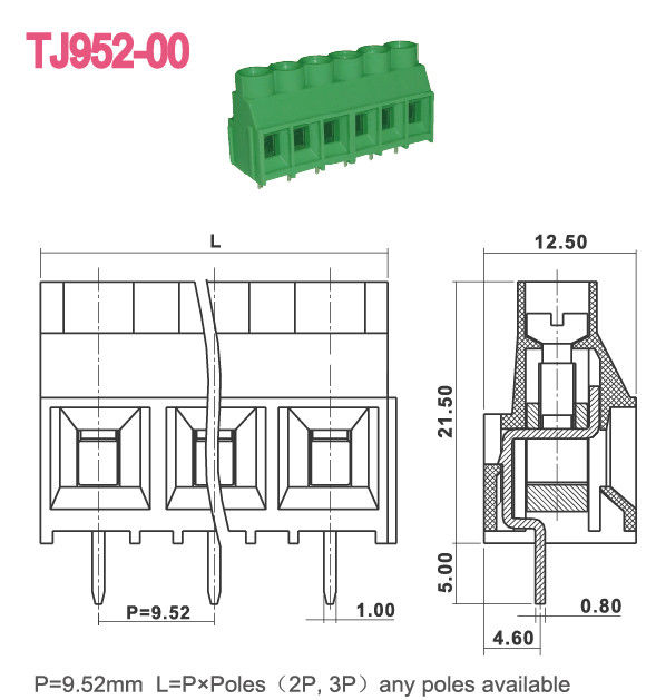 Bloque de terminales 300V 30A 2-16 postes del PWB del tornillo 9.52m m del M3 del color verde