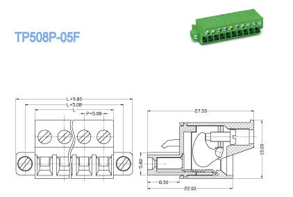 Female Pluggable Terminal Block with Mounting Ears 5.08mm 300V 18A Green Color