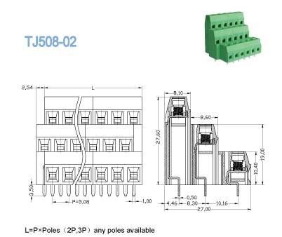 Bloque de terminales de tornillo de PCB de latón de tres niveles Serie de elevación de tipo euro