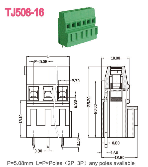 Longitud de desmontaje verde 12-26AWG del tornillo 6-7m m del conector 300V/10A M3 del bloque de terminales