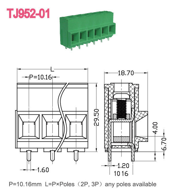 57A Bloque de terminal de tornillo de PCB de 10,16 mm Pitch Euro Raising Serie 2-16 Polos UL Datos técnicos