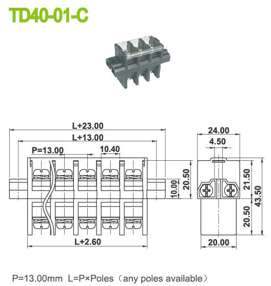 tornillo M5 de la echada 13m m de la perforación del conector del bloque de terminales del poder del soporte del panel 40A
