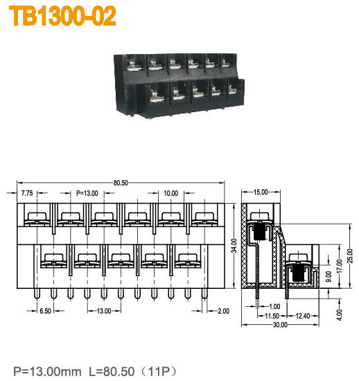 2 filas de bloque de barrera de terminal tipo americano 600V/40A 11 polos 13 mm de latón