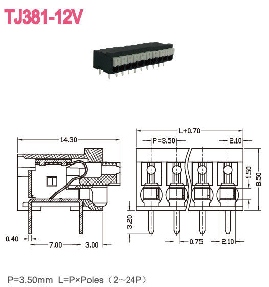 latón 300V 2-28 postes LCP UL94-V0 de la echada del bloque de terminales 3.5m m de la primavera de 10A Screwless