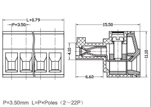 Echada enchufable femenina 300V 8A 2-22 postes PA66 del conector 3.5m m del bloque de terminales