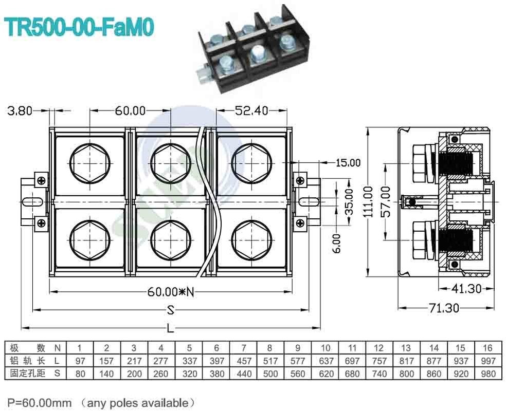 60.00mm 600V PC UL94 M16 Bloques terminales para el control industrial