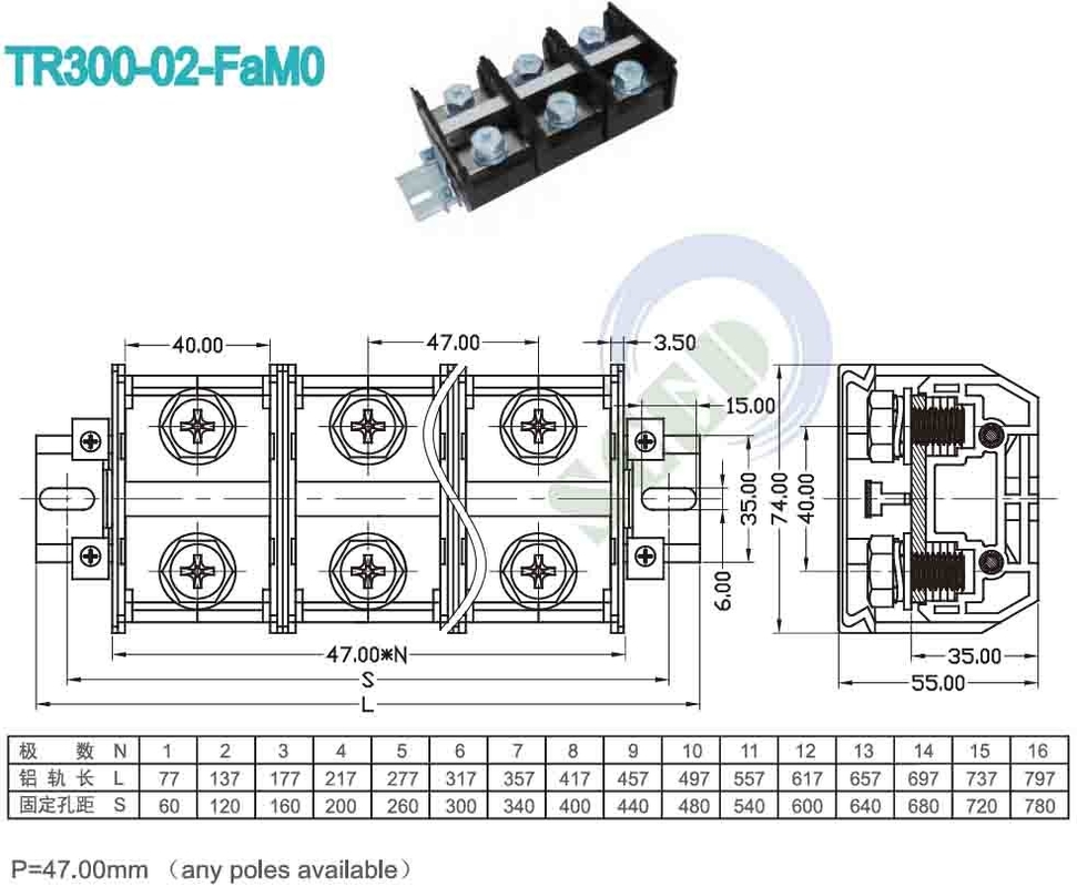 Bloque de terminal de montaje de panel de PCB 47.00mm 600V 300A PC Conector de terminal de tornillo negro