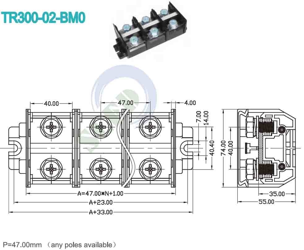 300A Bloque térmico de ferrocarril 47.0mm 600V Material PC negro conector de montaje de tornillo