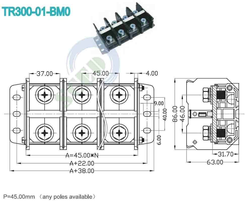 600V 300A Bloque de terminales de alta corriente de alta tensión 45.00mm Conector de terminales eléctricos