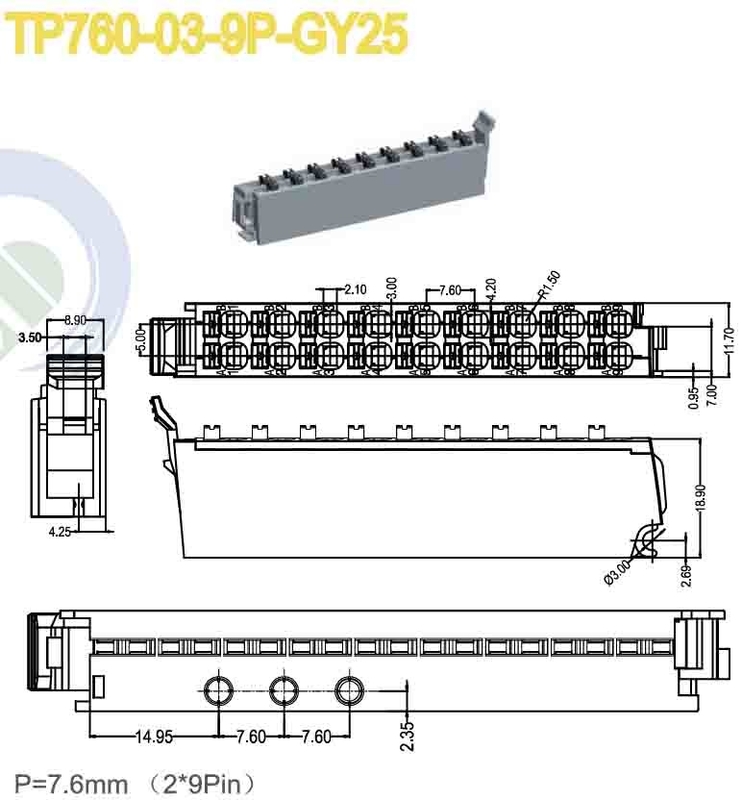 Conector de bloque de terminal conectable femenino de 7.6 mm Pitch 150V 8A 2 * 9 polos PA66