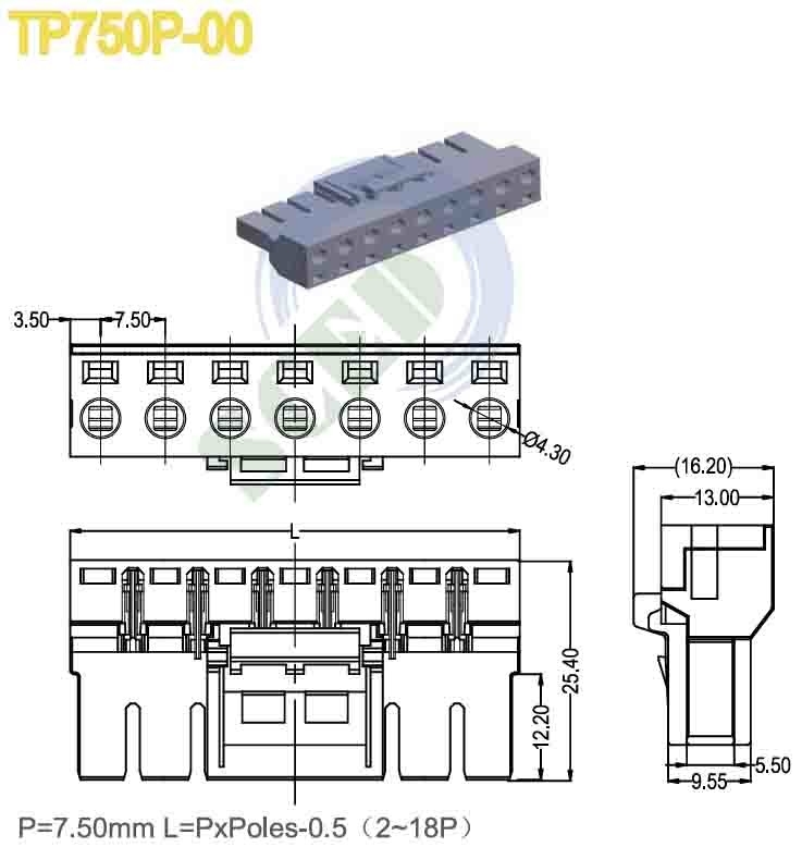 PA66 Conector de bloque de terminal enchufable de plástico gris de 7,5 mm Pitch 300V 16A 2-18 polos
