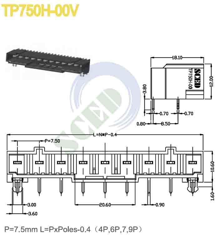 Bloque de terminales con conexión en color negro con ángulo recto 7.5mm 300V 16A