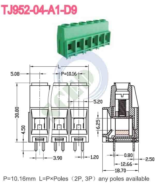 10.16mm 57A Bloque de terminales de PCB de latón verde PA66 con chapa de níquel