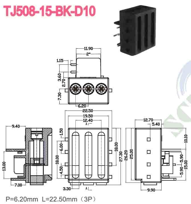 Conector de bloque terminal de 300V 15A de 6,2 mm para PCB con tornillo M3 y chapa de estaño