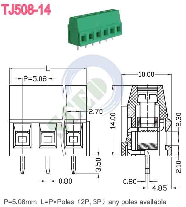 Verde 5.08mm 300V 10A PA66 Bloque de terminales de PCB Tipo Euro para control automático