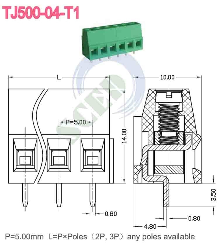 300V 10A M3 tornillo 12-26 AWG conector de bloque de terminal PA66 material aislante verde 5.08mm espaciado