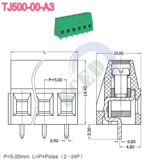 Pitch 5.00mm 300v PCB Terminal Bloque 10A 2P-24P Ángulo recto de entrada de cable 12-26 AWG