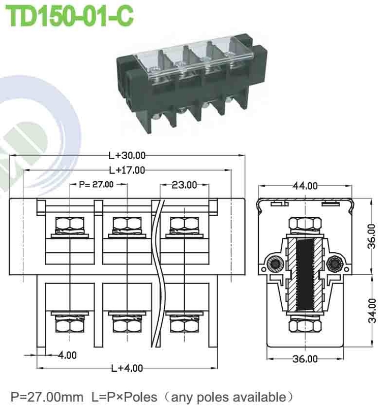 150A PBT Conector de bloque de terminal de energía Pitch de perforación 27.0mm M8 tornillo