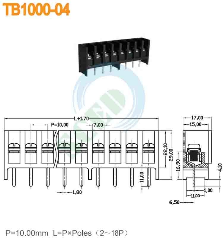 Black Barrier Terminal Block 2-18P 300V 20A Pitch 10.00mm PBT Brass 9-10mm